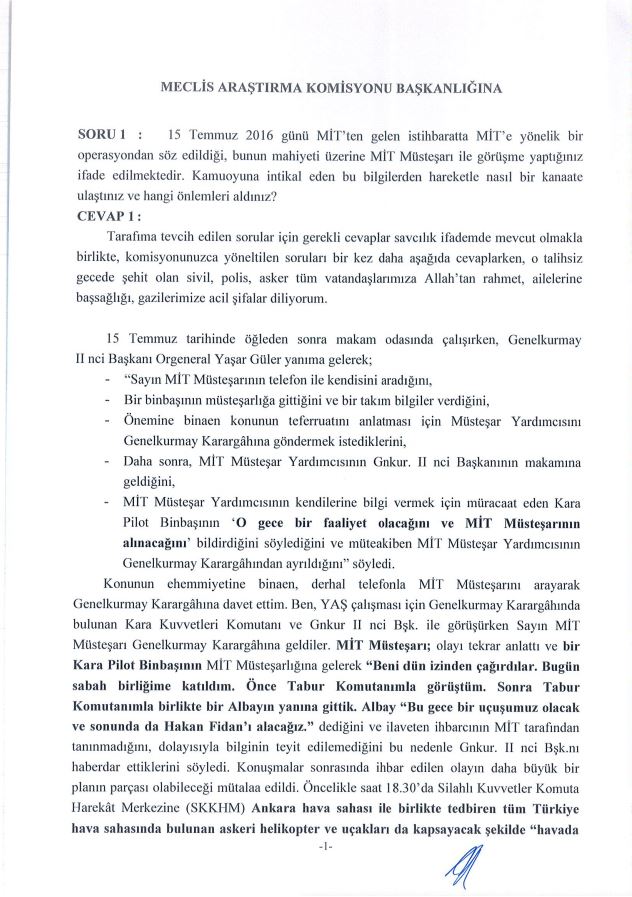 İşte Hulusi Akar’ın darbe komisyonuna verdiği cevaplar